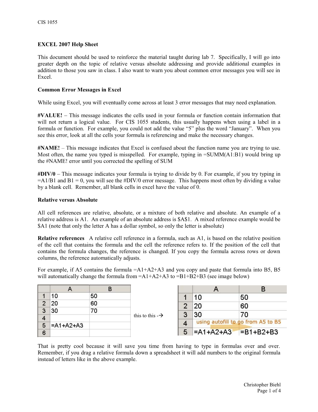 EXCEL XP Help Sheet