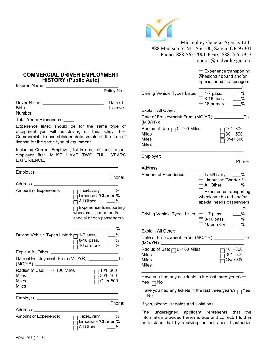 Commercial Driver Employment History