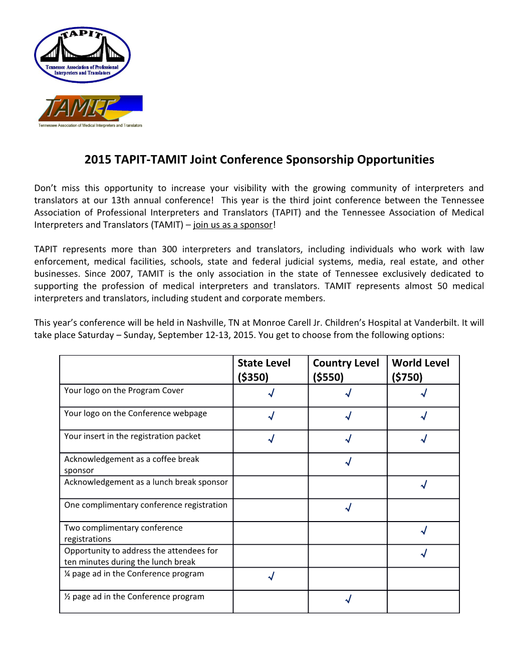 2015 TAPIT-TAMIT Joint Conference Sponsorship Opportunities