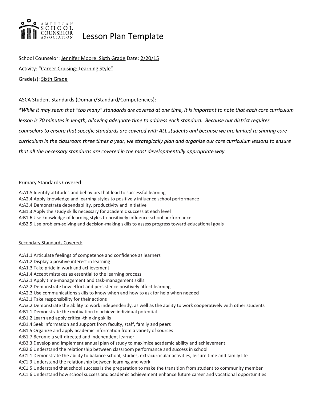 School Counselor: Jennifer Moore, Sixth Grade Date: 2/20/15