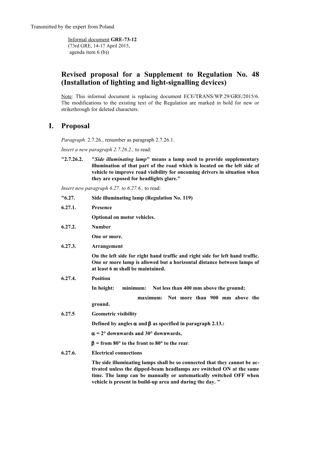 Revised Proposal for a Supplement to Regulation No. 48 (Installation of Lighting And
