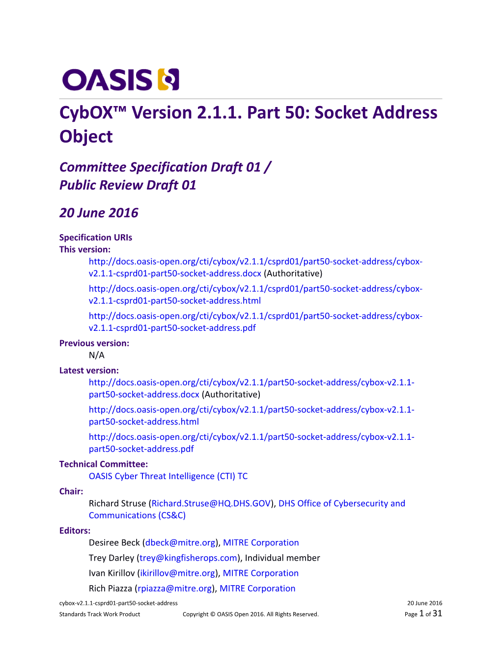 Cybox Version 2.1.1. Part 50: Socket Address Object