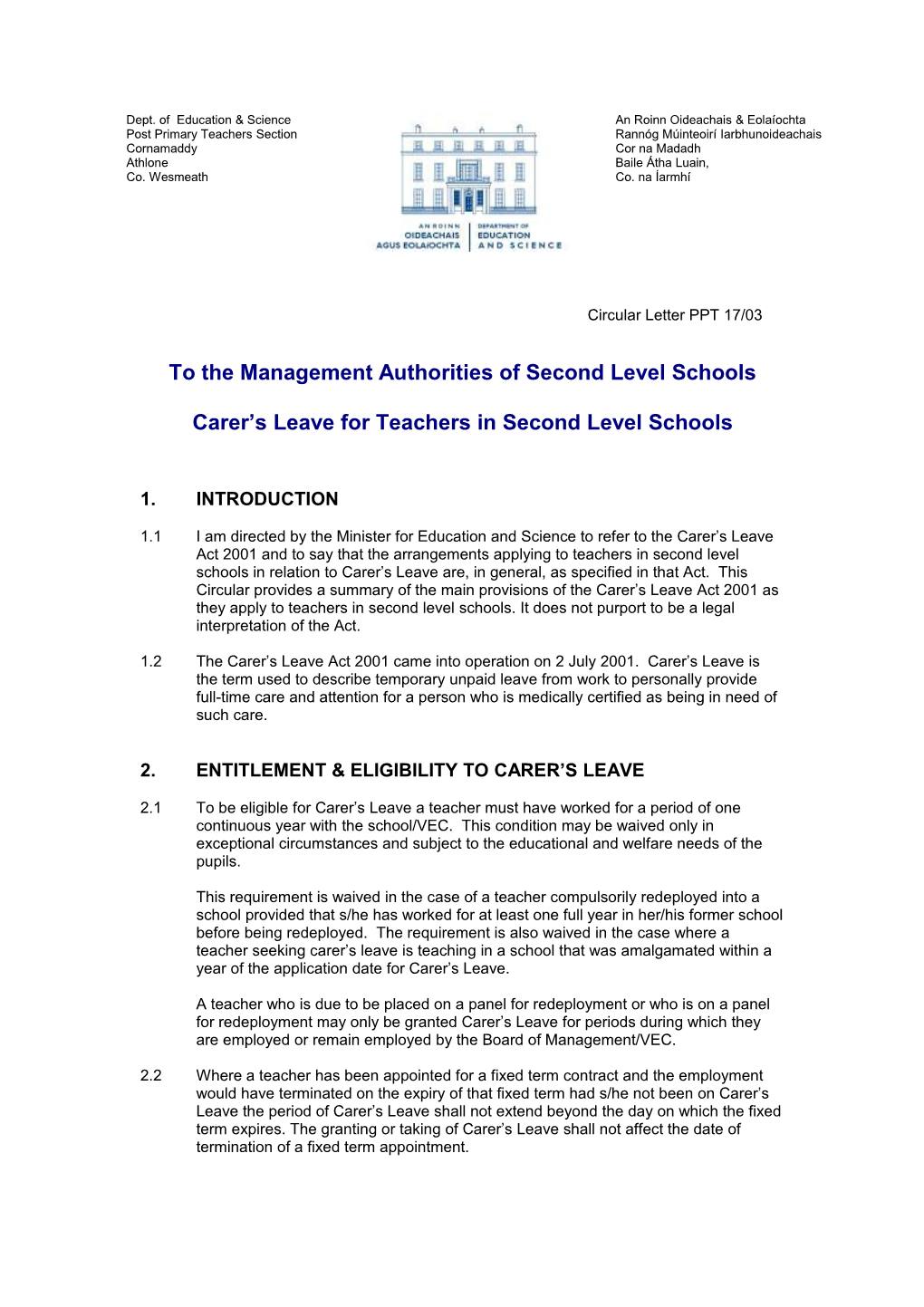 Circular PPT17/03 - Carer S Leave for Teachers in Second Level Schools