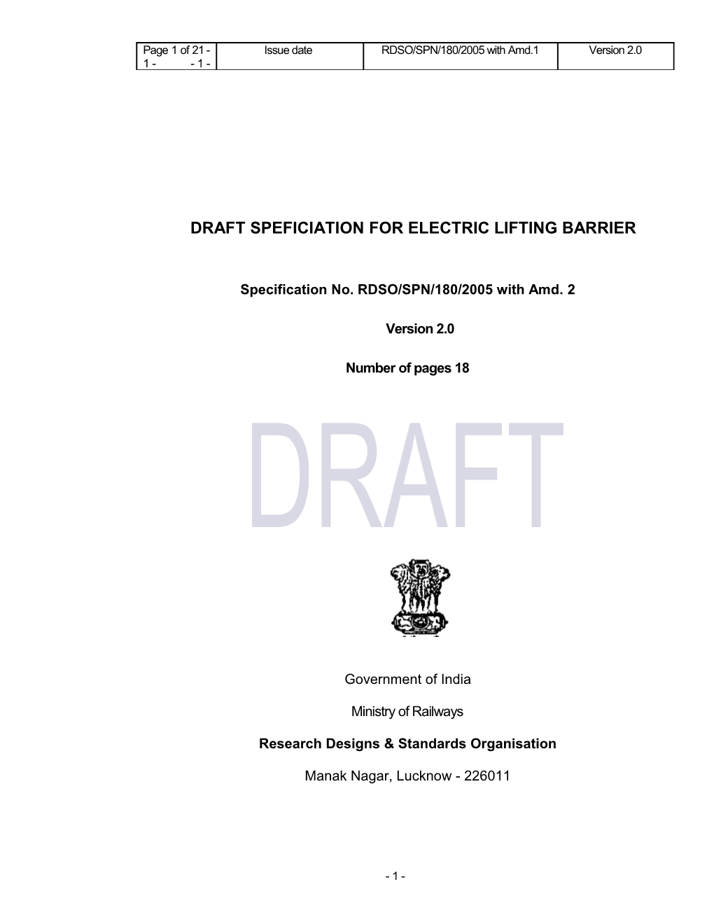Draft Speficiation for Electric Lifting Barrier