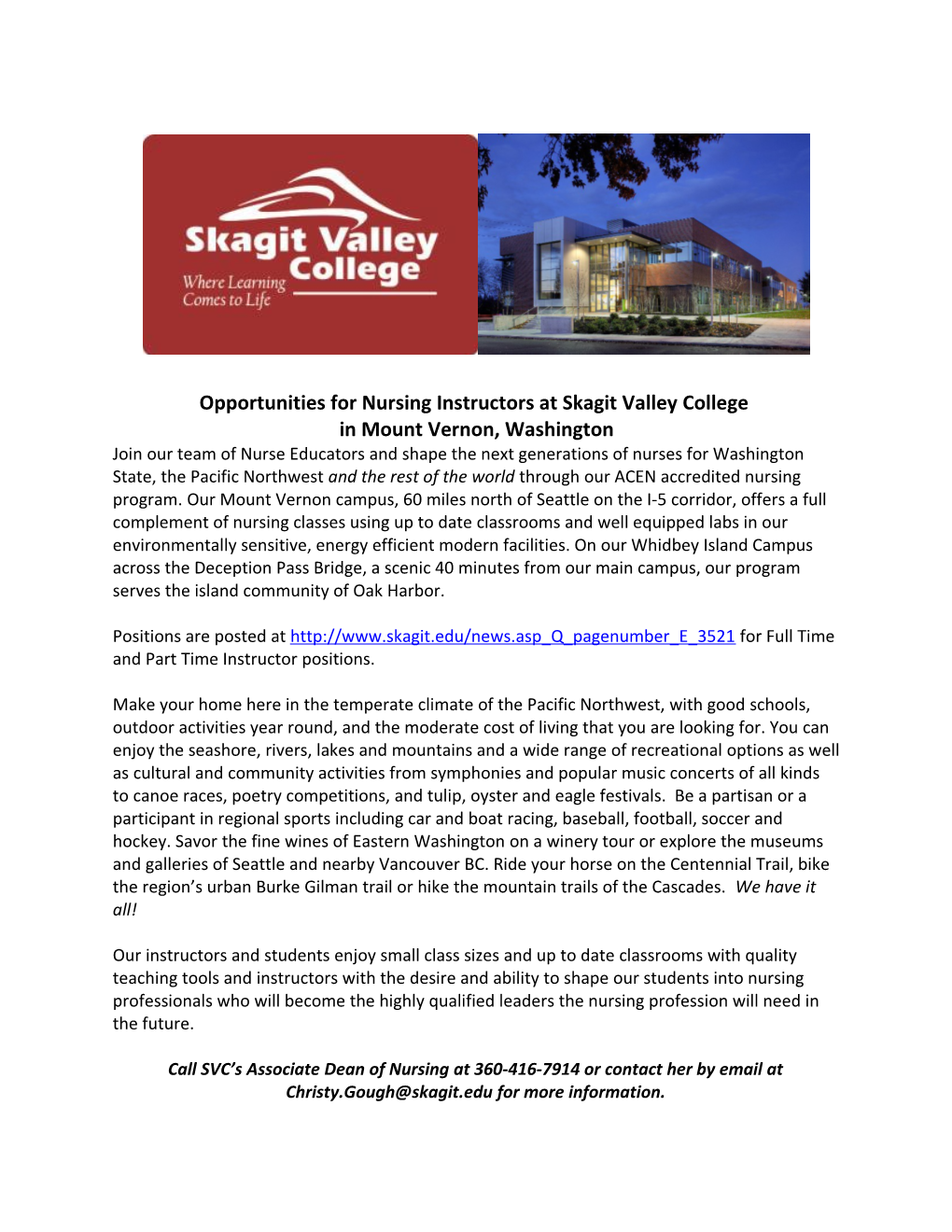 Opportunities for Nursing Instructors at Skagit Valley College