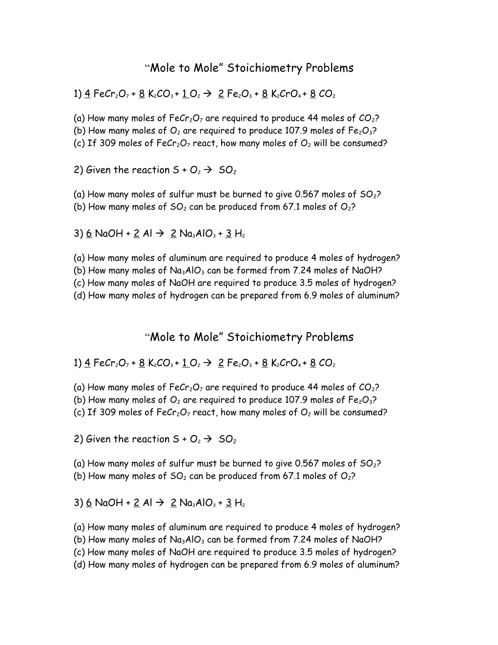 General Chemistry Stoichiometry Worksheet (18 Total Problems)