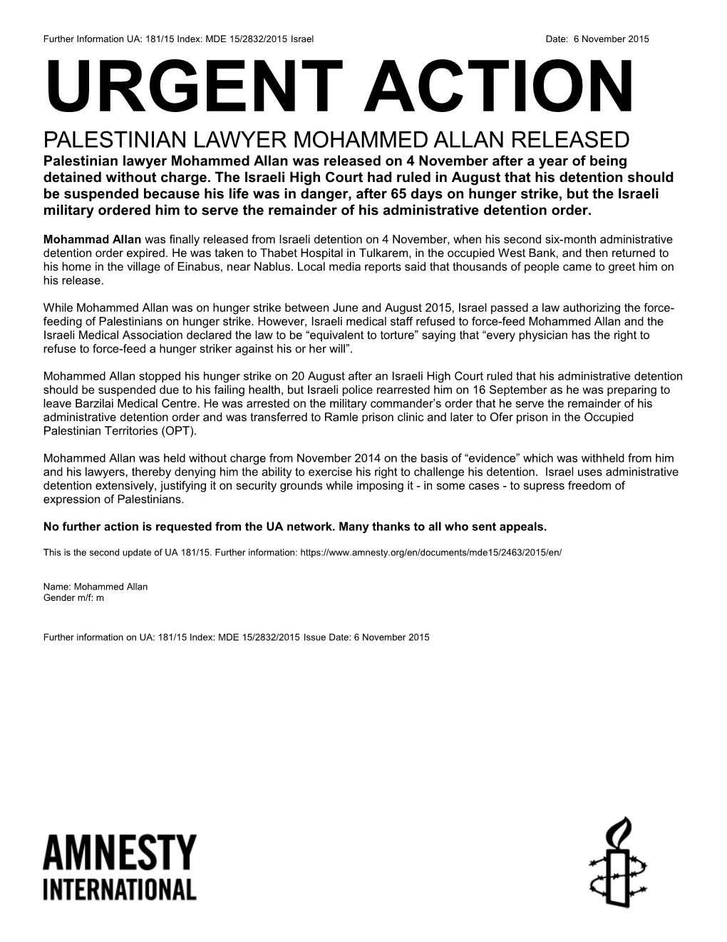 Palestinian Lawyer Mohammed Allan Released