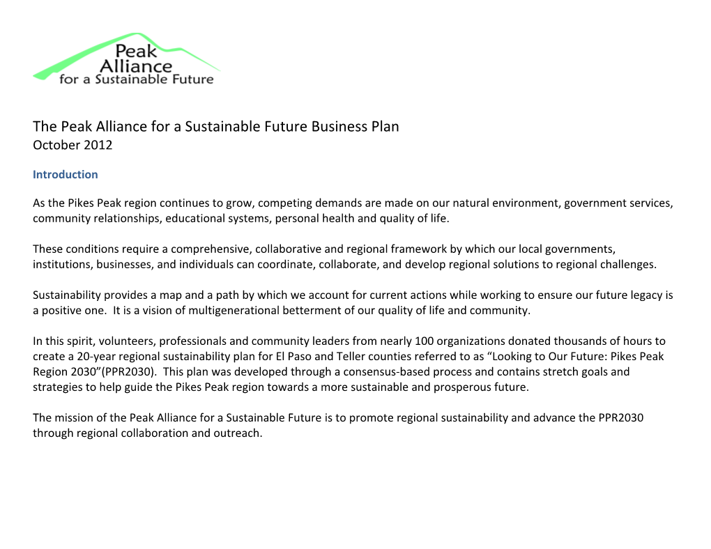 The Peak Alliance for a Sustainable Future Business Plan