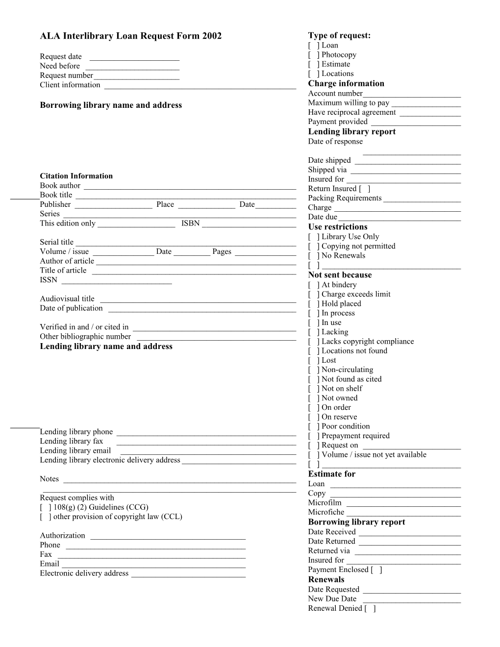 ALA Interlibrary Loan Request Form 2002