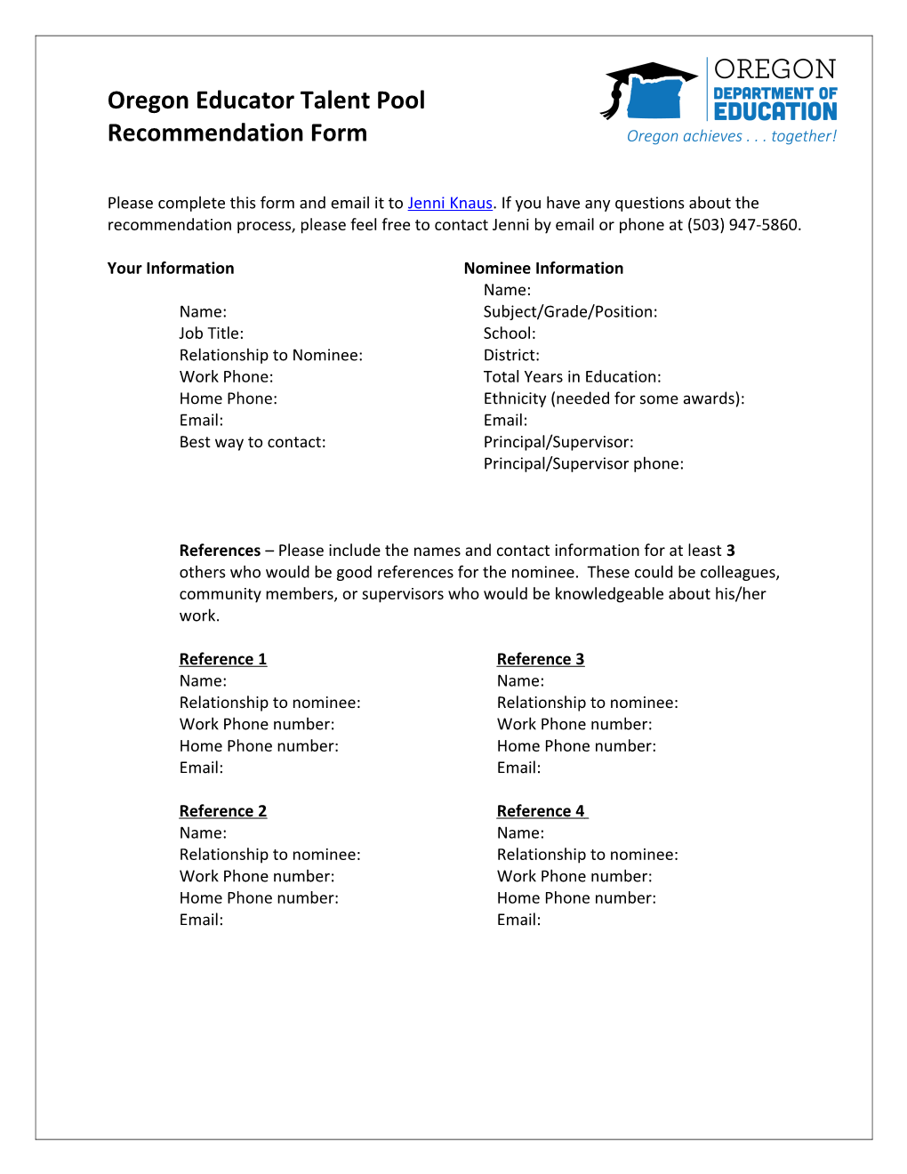 Oregon Educator Talent Pool Recommendation Form