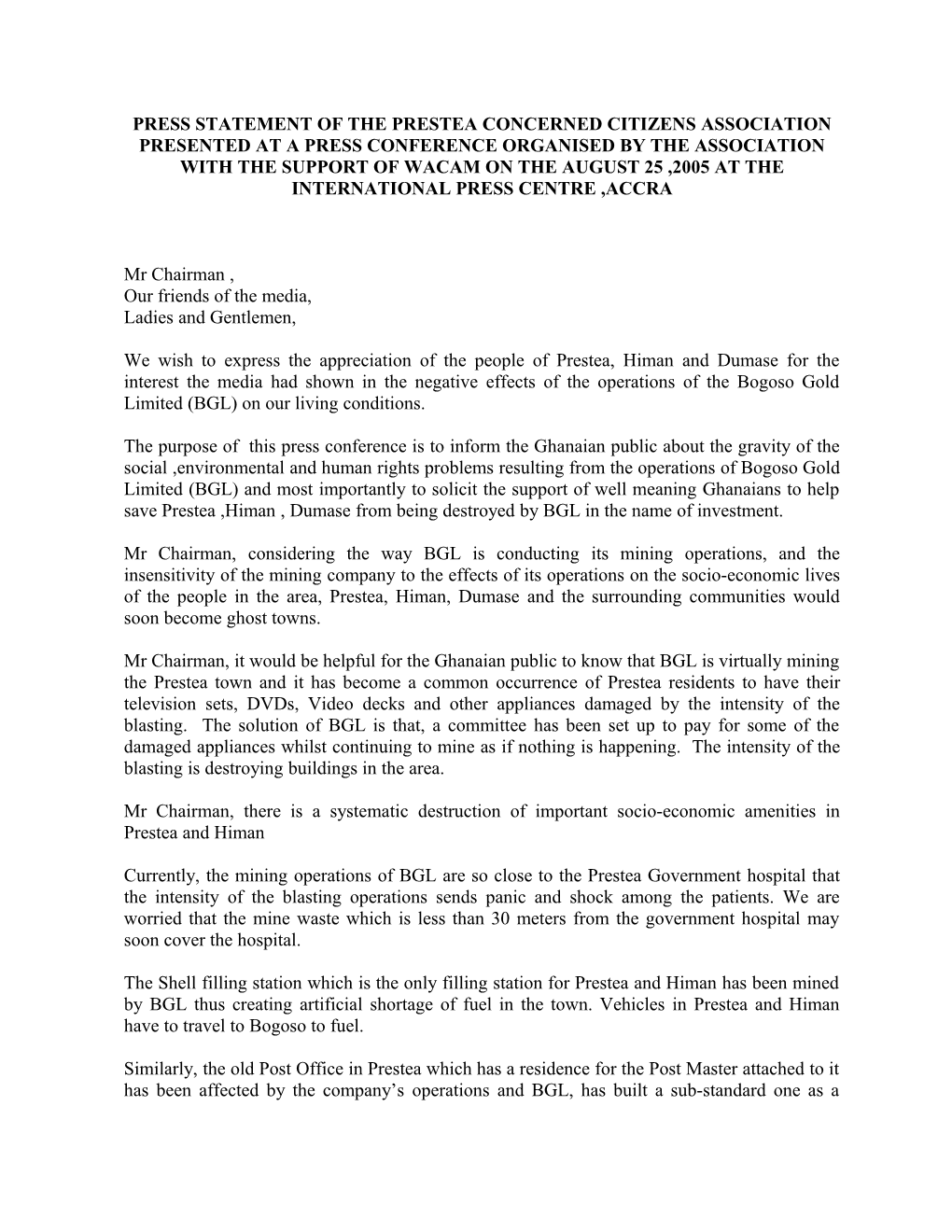 Press Statement of the Prestea Concerned Citizens Asssociation Presented at a Press Confrence