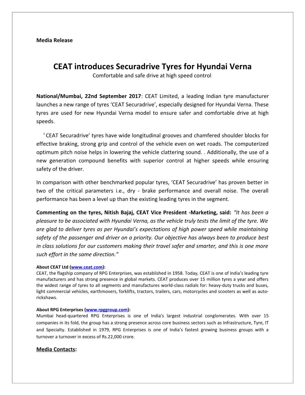 CEAT Introduces Securadrive Tyres for Hyundai Verna