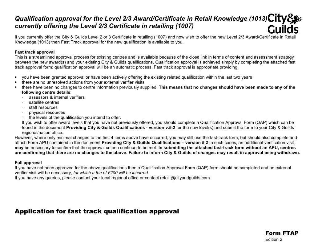 Qualification Approval for the NVQ Level 2 in Warehousing and Storage (Qualifications 1009-01 s1