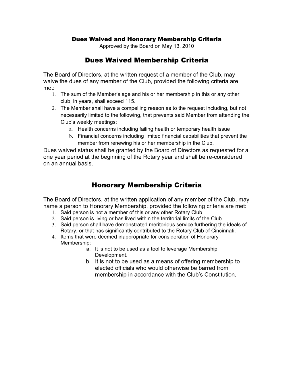 Dues Waived and Honorary Membership Criteria