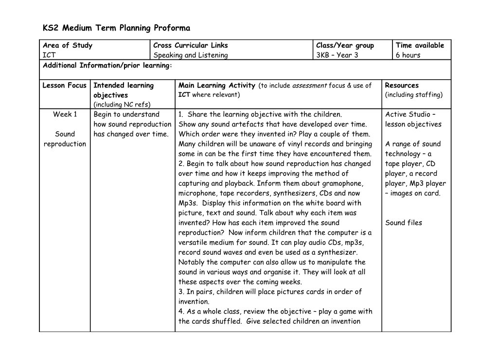 Medium Term Planning Proforma (For All Subjects Except Literacy )