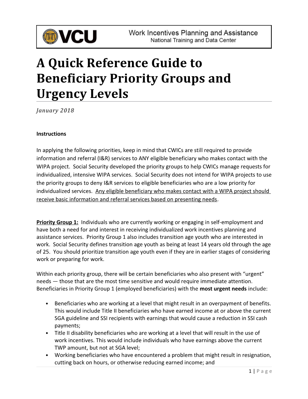 A Quick Reference Guide to Beneficiary Priority Groups and Urgency Levels