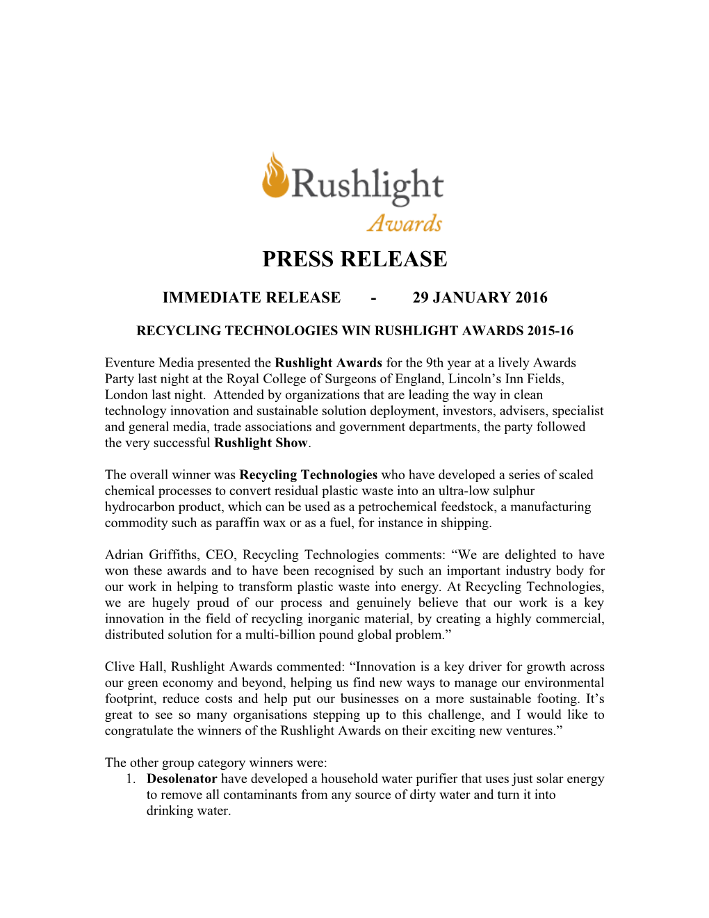 Recycling Technologies Win Rushlight Awards 2015-16