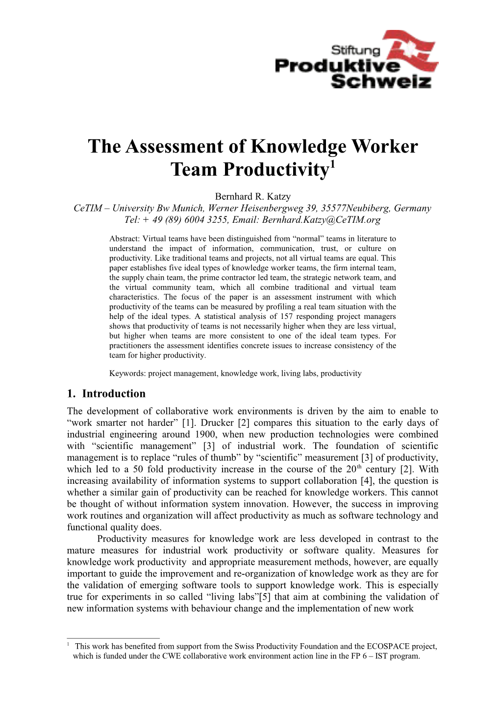 The Assessment of Knowledge Worker Team Productivity 1