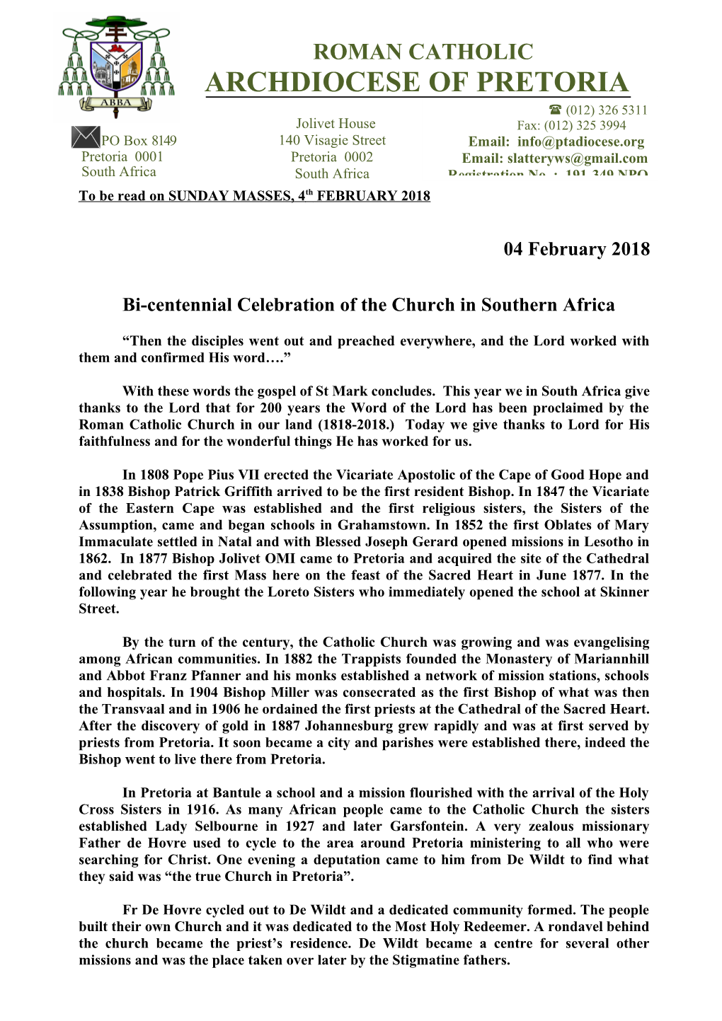 Bi-Centennial Celebration of the Church in Southern Africa
