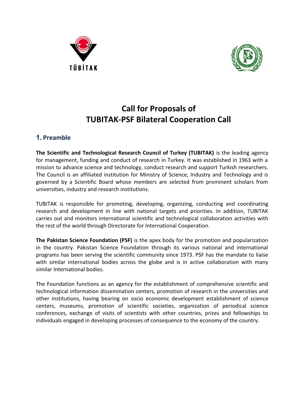 TUBITAK-PSF Bilateral Cooperation Call
