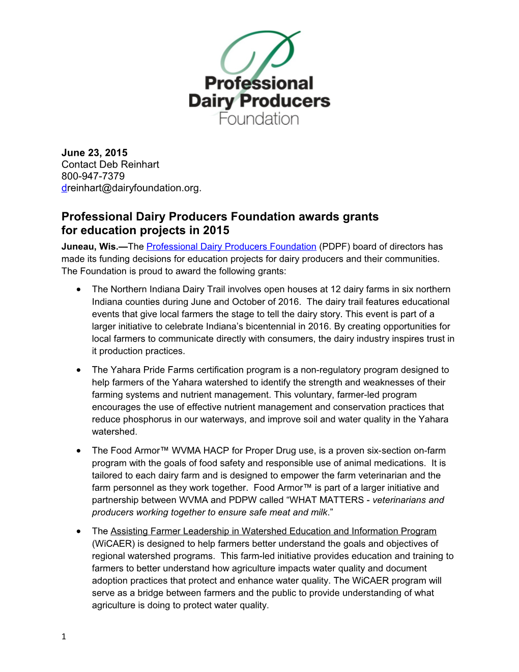 Professional Dairy Producers Foundation Awards Grants for Education Projects in 2015