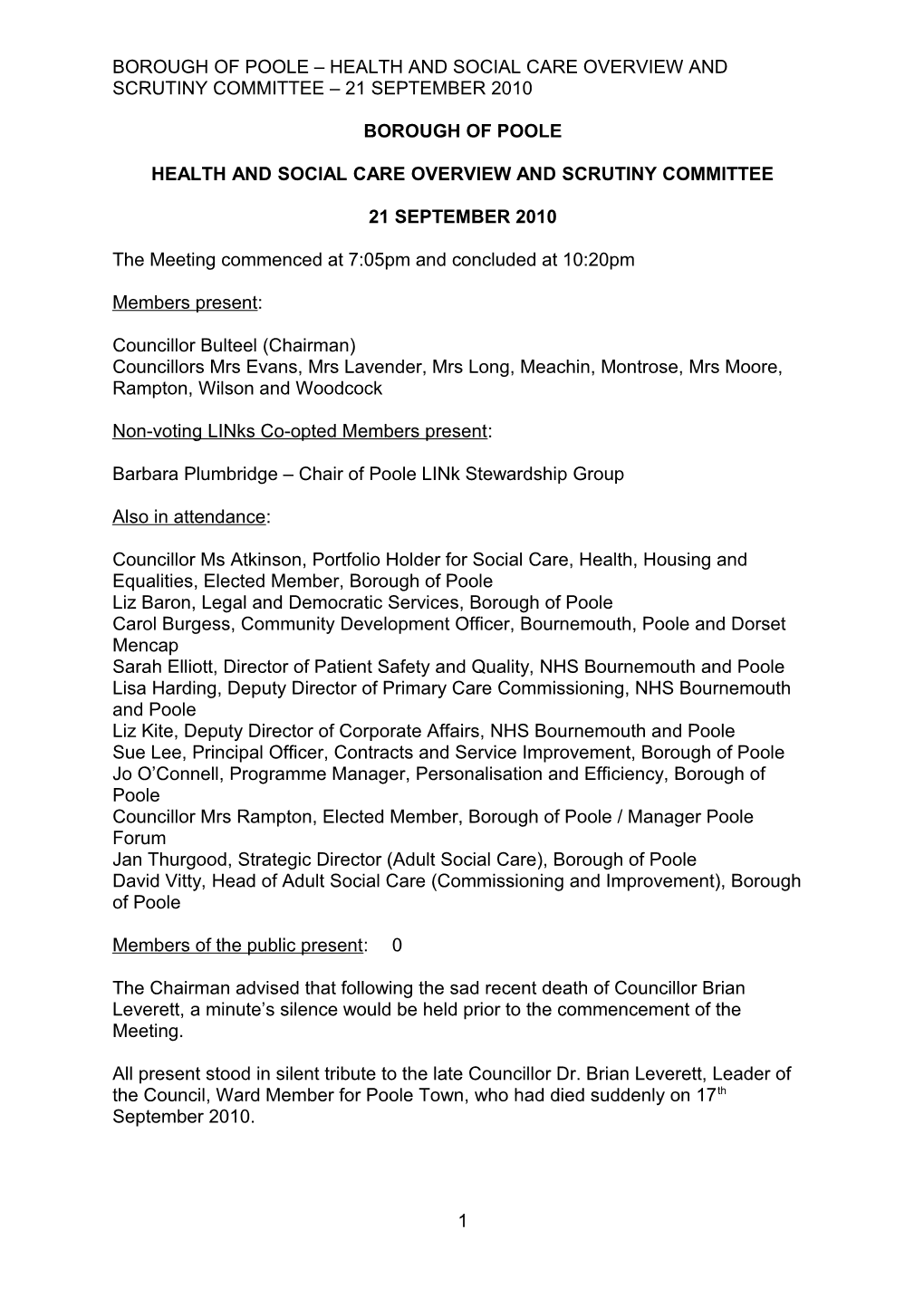 Minutes - Health and Social Care Overview and Scrutiny Committee - 21 September 2010
