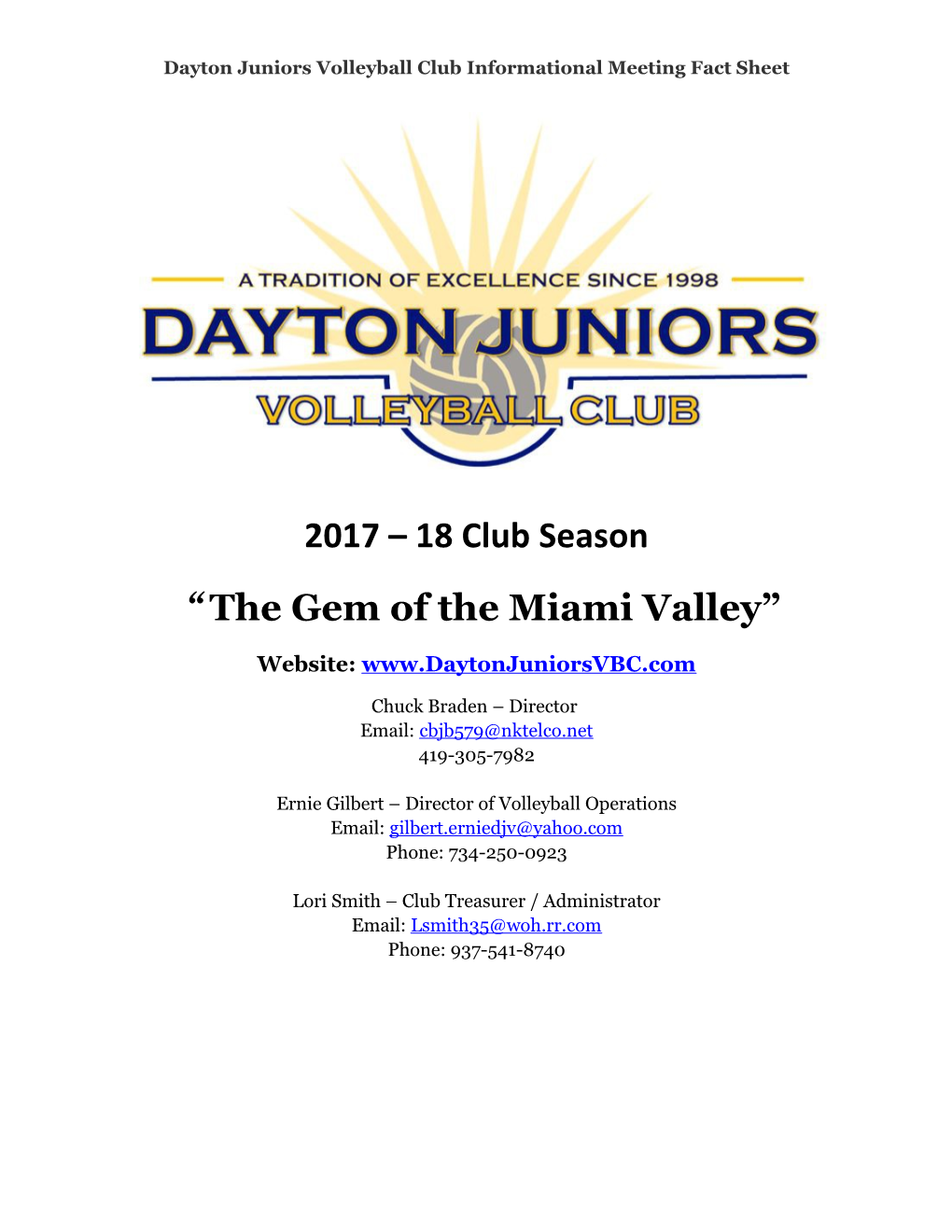 Dayton Juniors Volleyball Club Informational Meeting Fact Sheet
