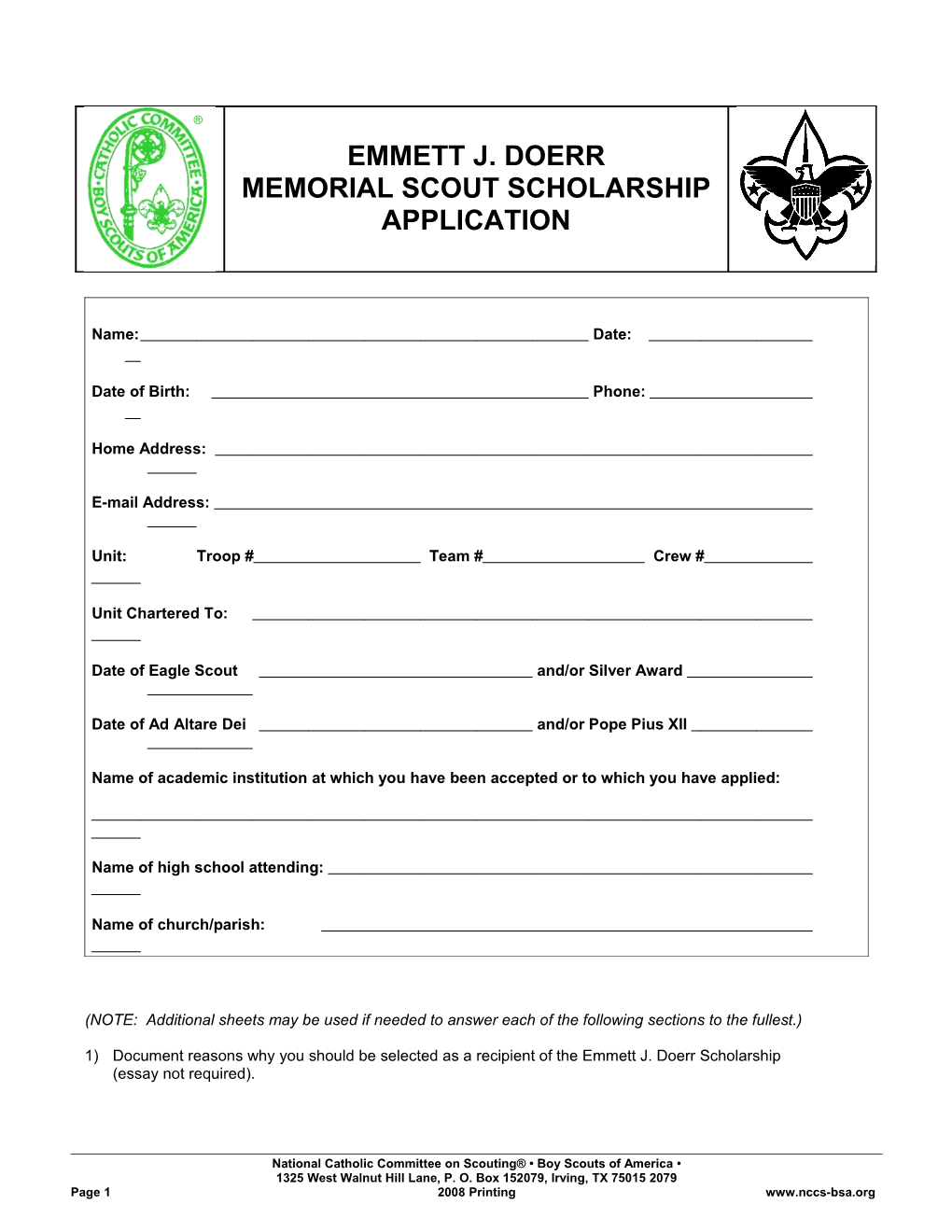 Emmett J. Doerr Memorial Scout Scholarship Application s1