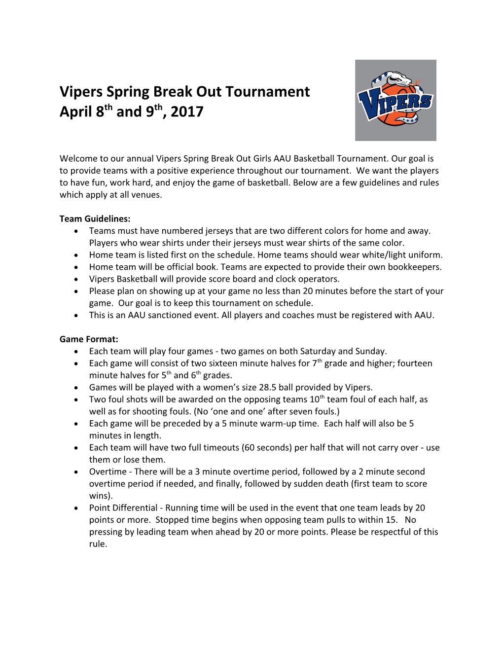 Vipers Spring Break out Tournament