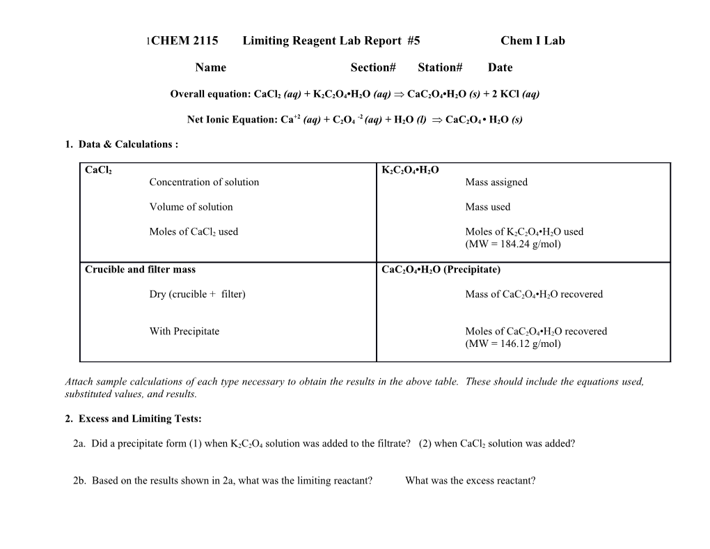 CHEM 2115Limiting Reagent Lab Report #5Chem I Lab