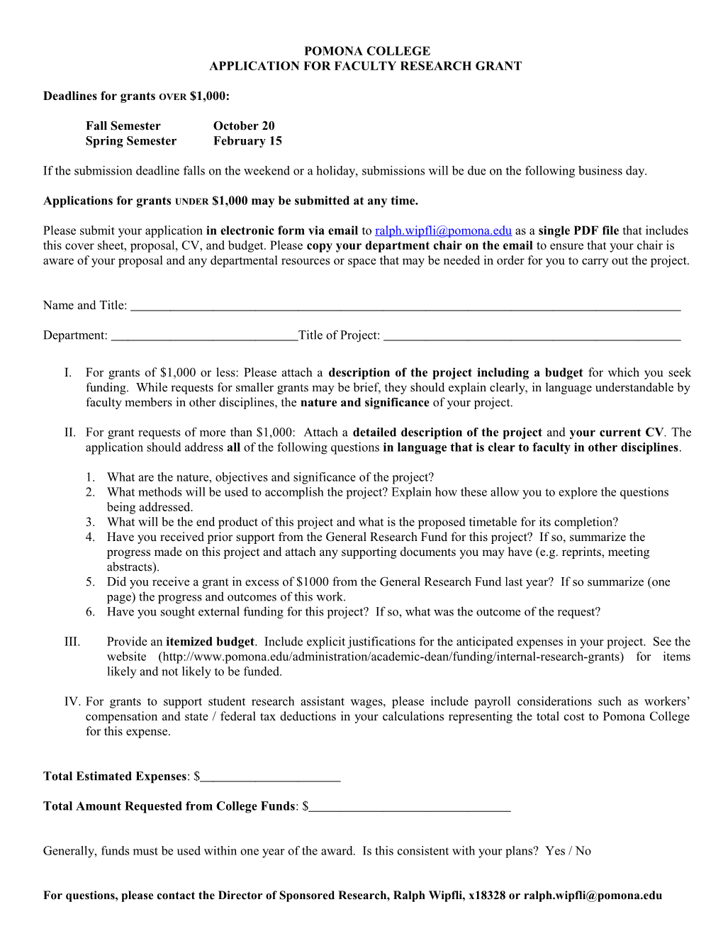 Application for Faculty Research Grant 2003-2004