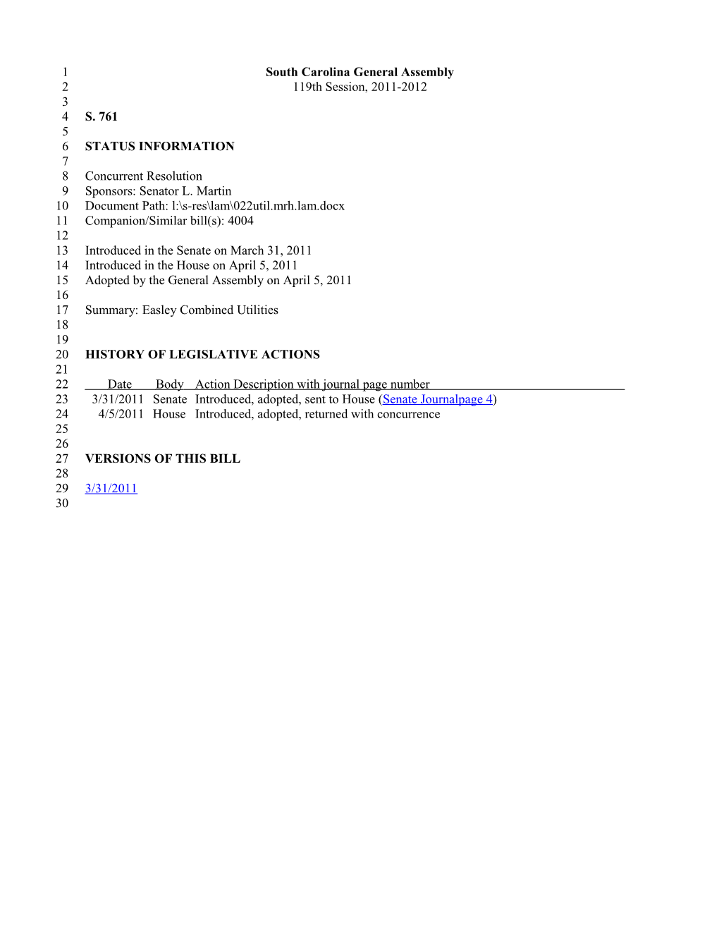 2011-2012 Bill 761: Easley Combined Utilities - South Carolina Legislature Online