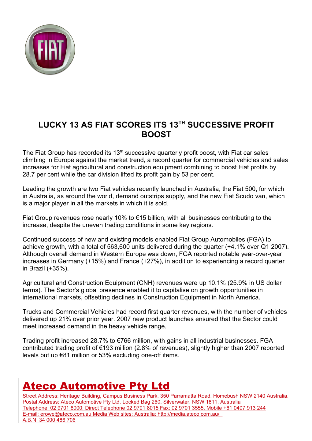 Lucky 13 As Fiat Scores Its 13Th Successive Profit Boost