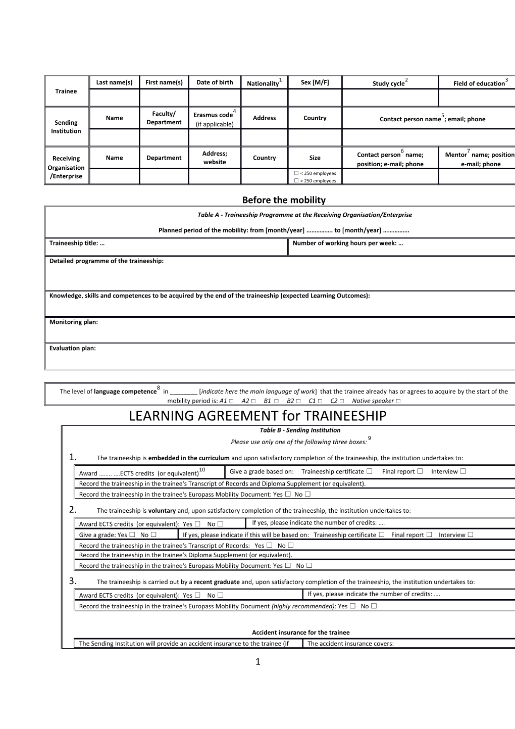 LEARNING AGREEMENT for TRAINEESHIP