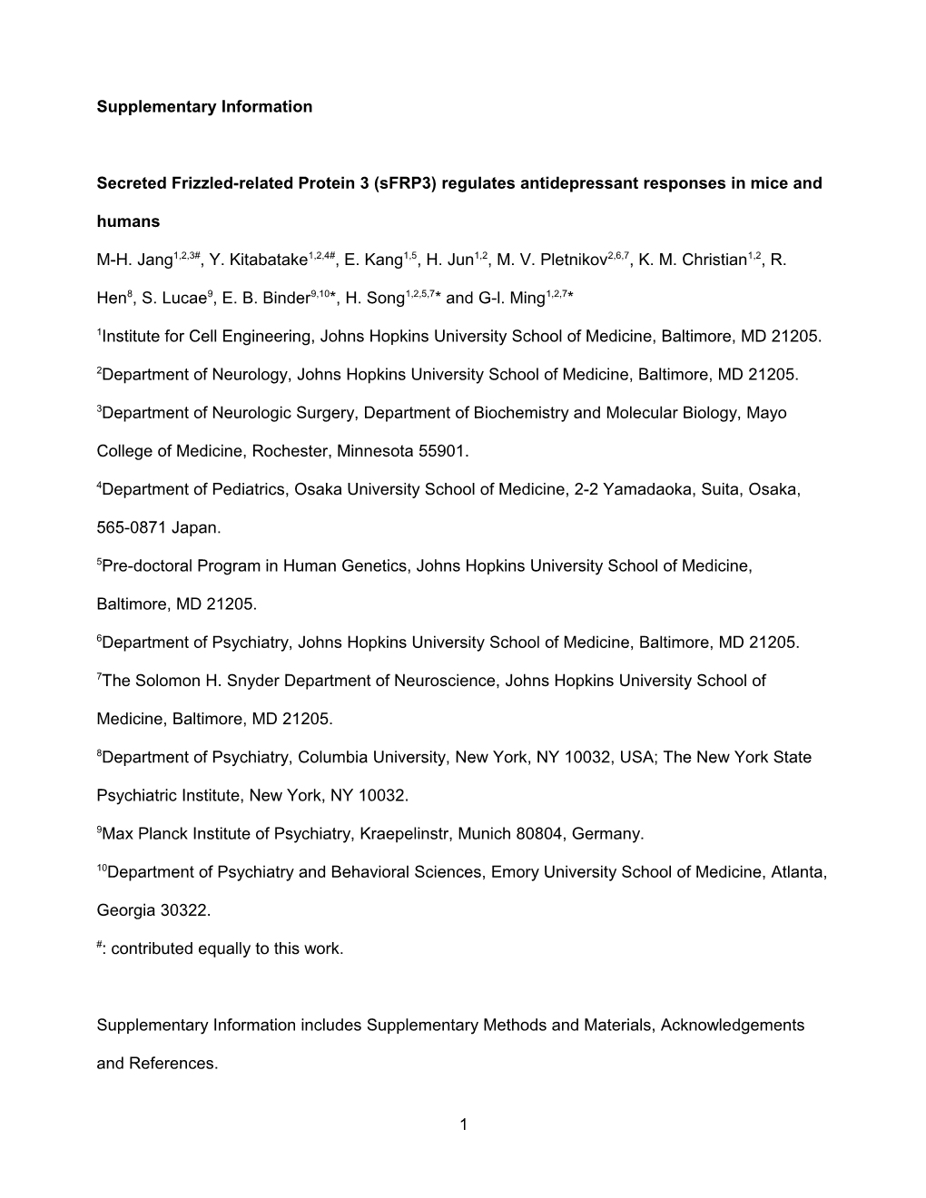 Secreted Frizzled-Related Protein 3 (Sfrp3) Regulates Antidepressant Responses in Mice