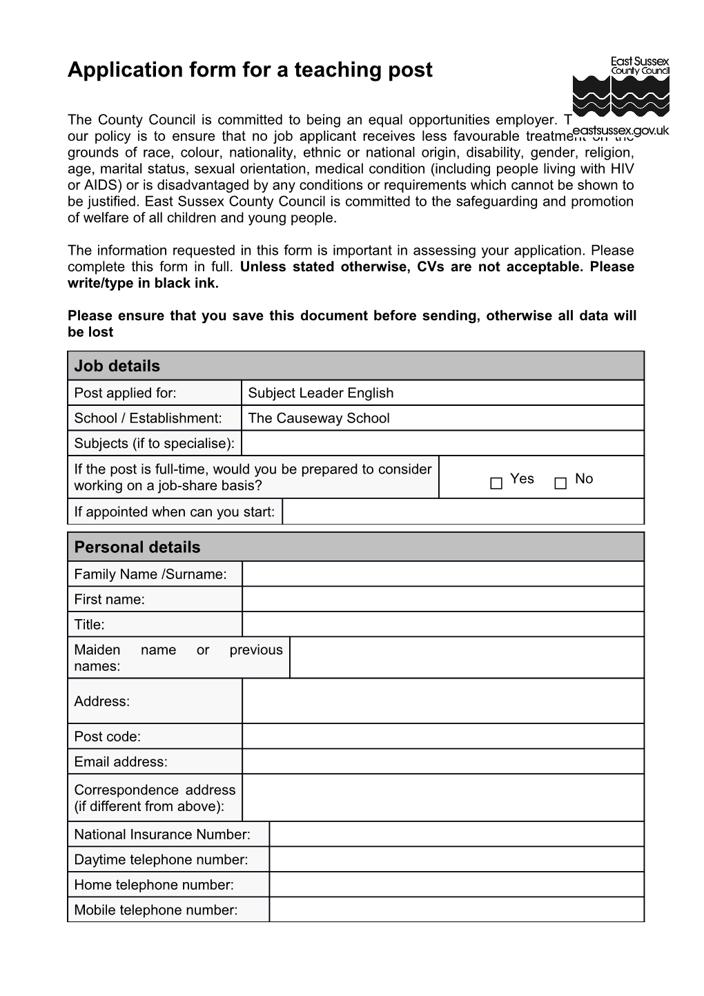 Application Form for a Teaching Post s2