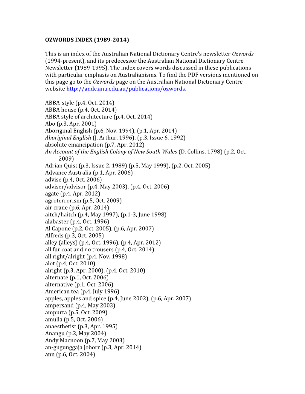 Ozwords Index (1989-2014)