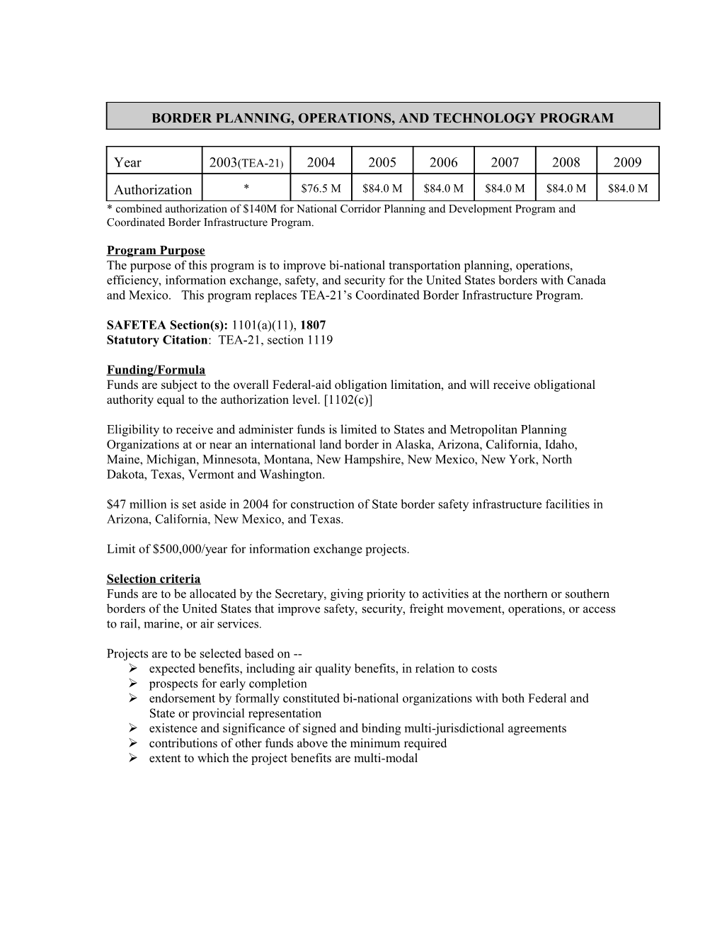 * Combined Authorization of $140M for National Corridor Planning and Development Program