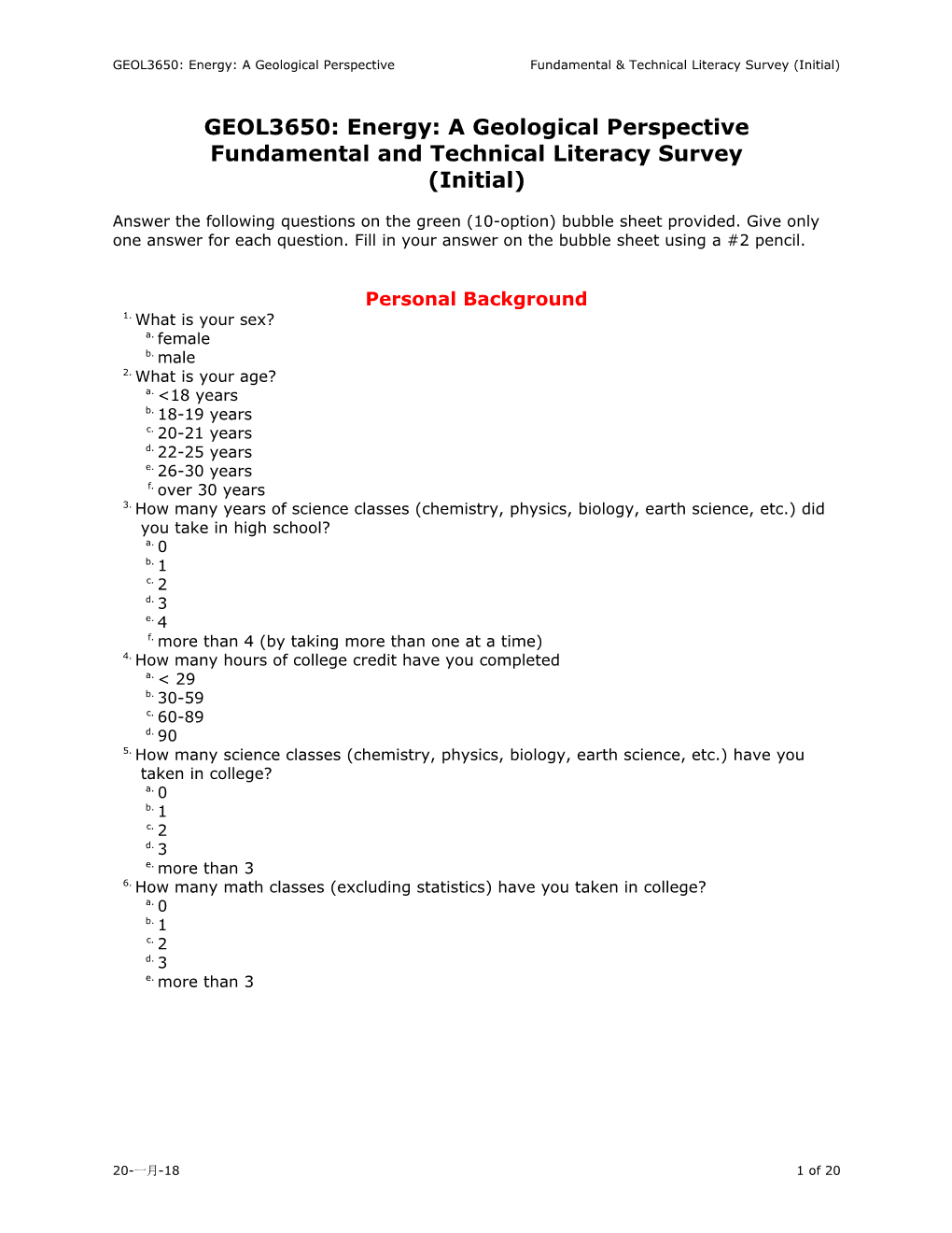 GEOL1100: Numerical/Unit Literacy Survey