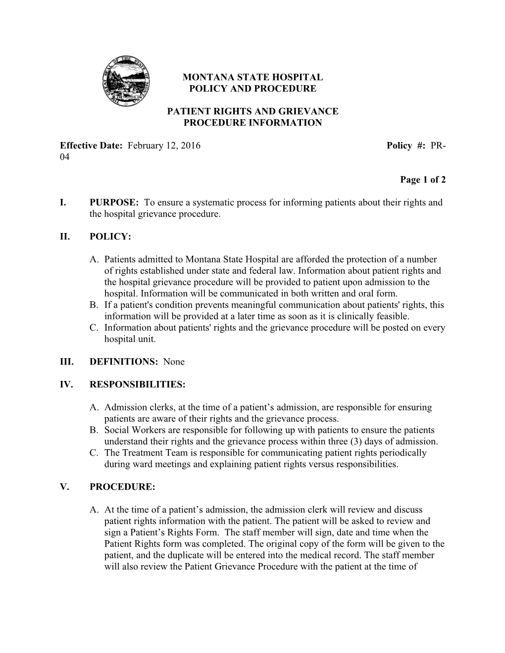 Patient Rights and Grievance Procedure Informationmontana STATE HOSPITAL