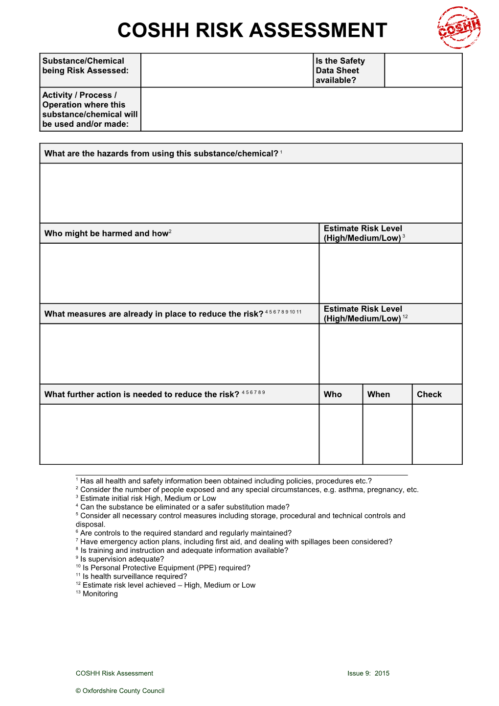 Coshh Assessment Record (Ca1)