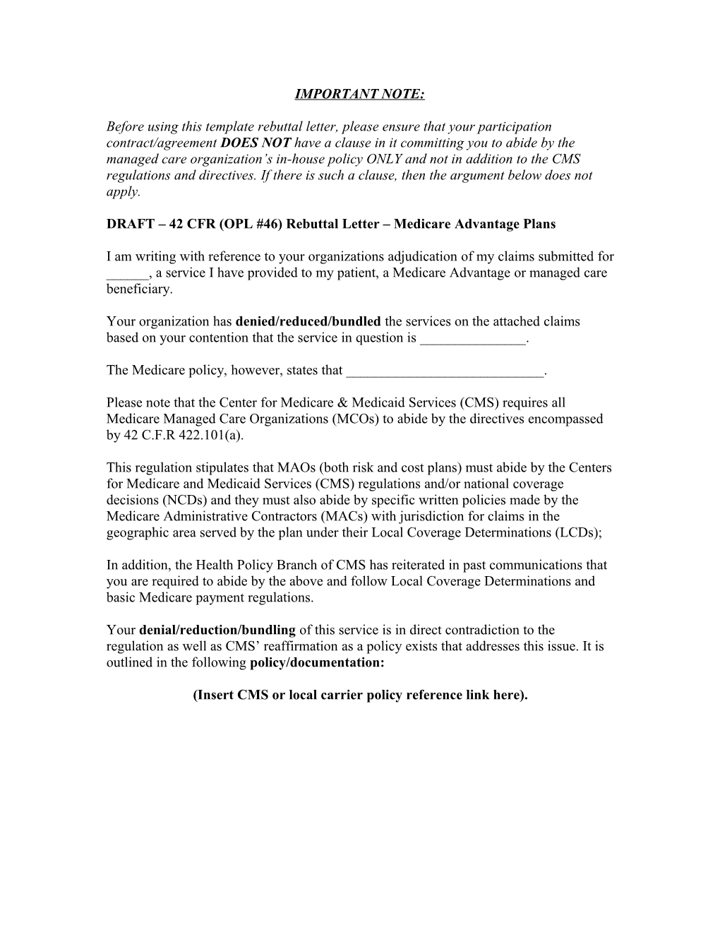 DRAFT - OPL #46 Rebuttal Letter Medicare Managed Care Plans