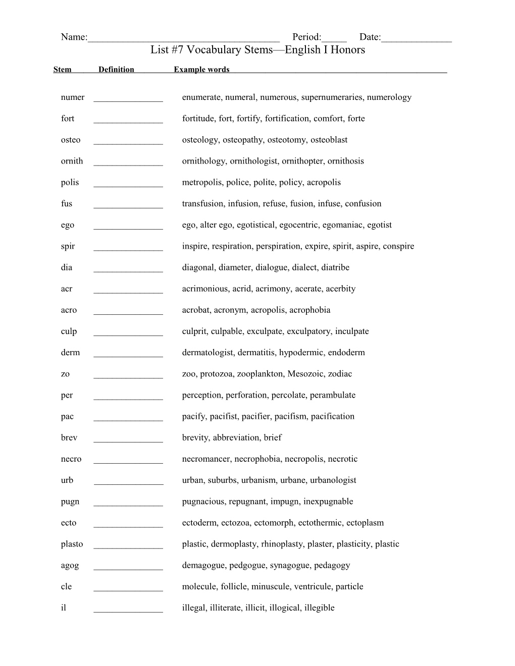 Week 2 Word Stems English I s1