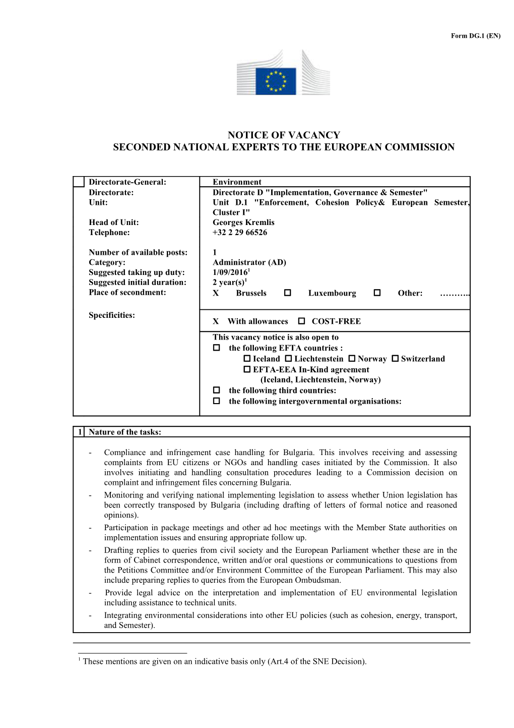 Notice of Vacancy Seconded National Experts to the European Commission