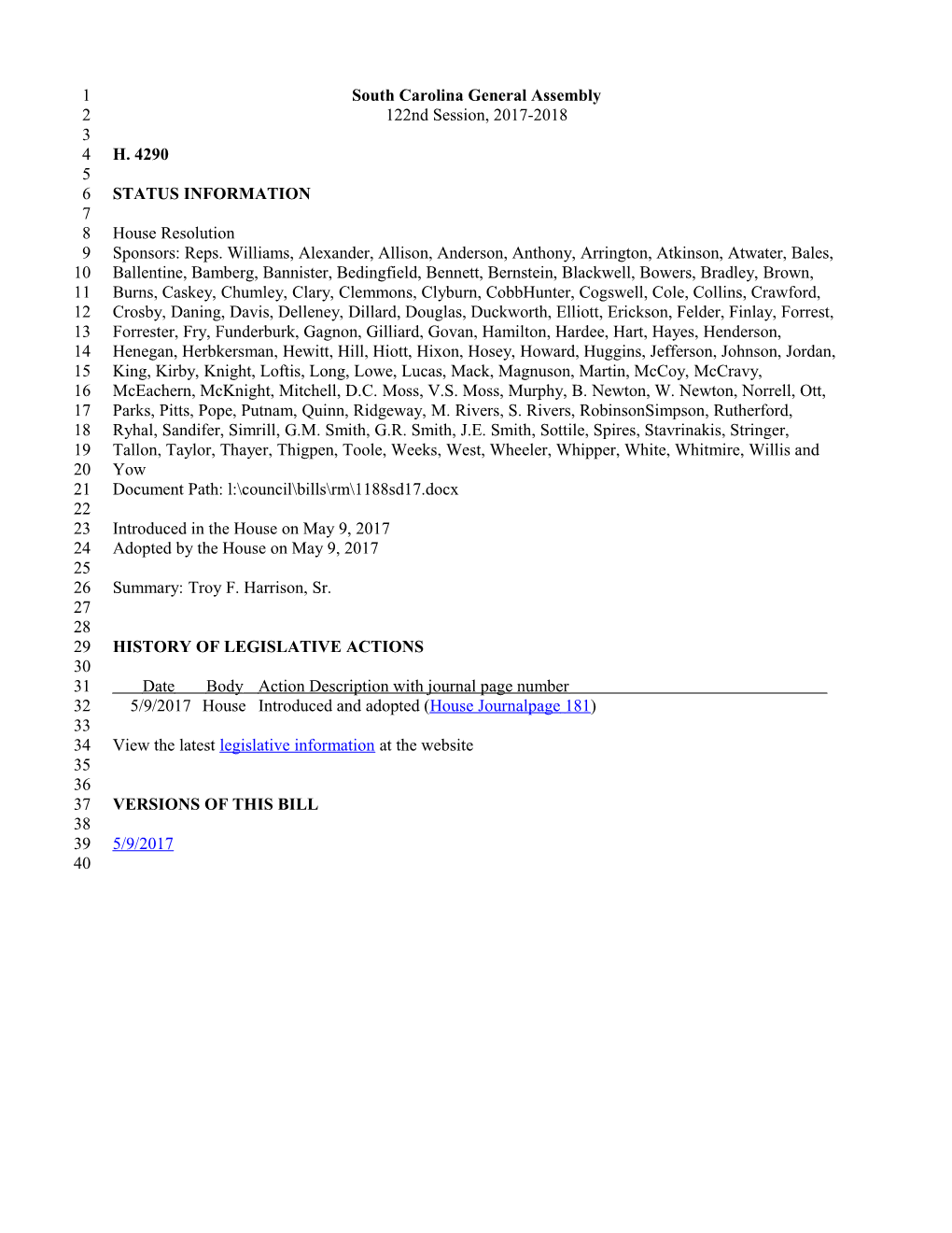 2017-2018 Bill 4290: Troy F. Harrison, Sr. - South Carolina Legislature Online