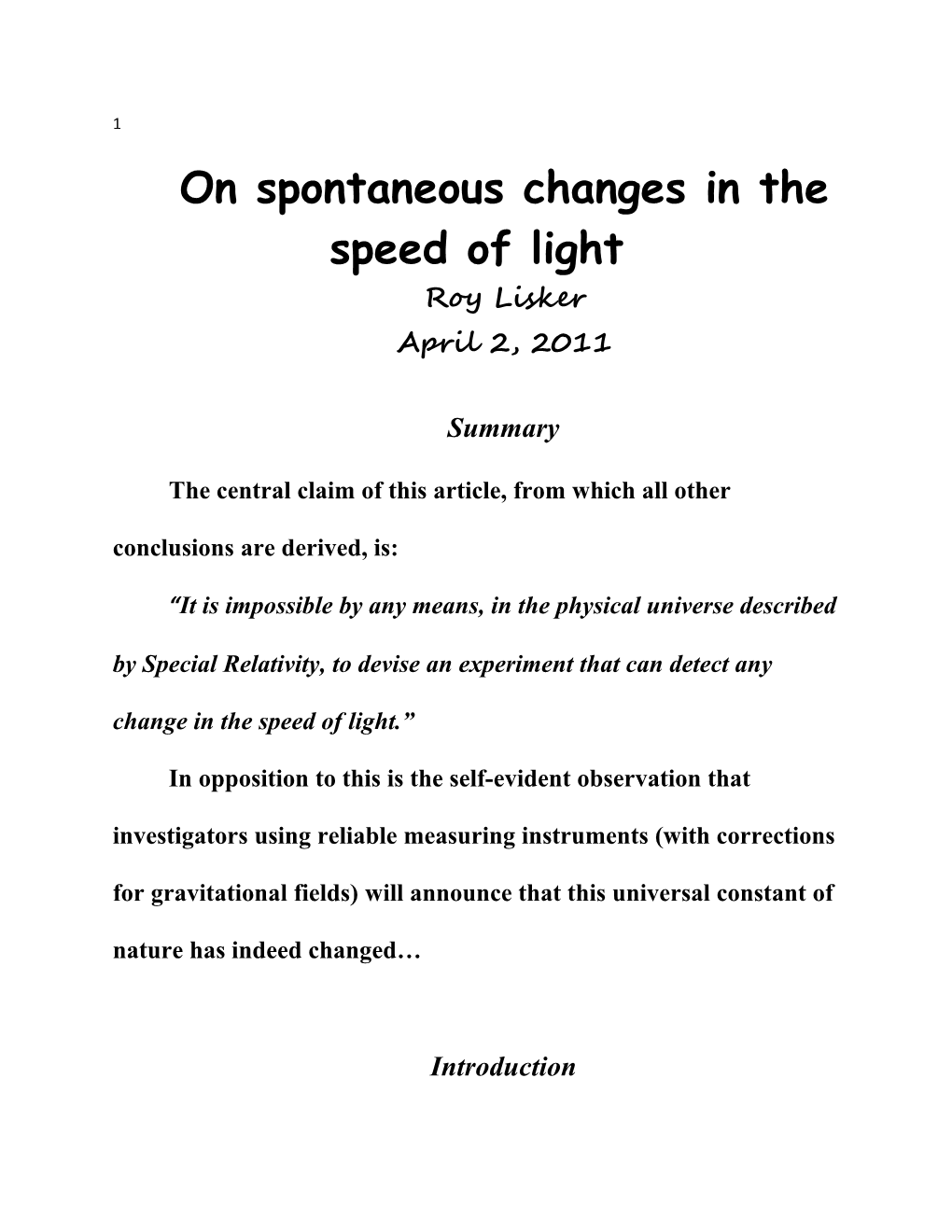 On Spontaneous Changes in the Speed of Light