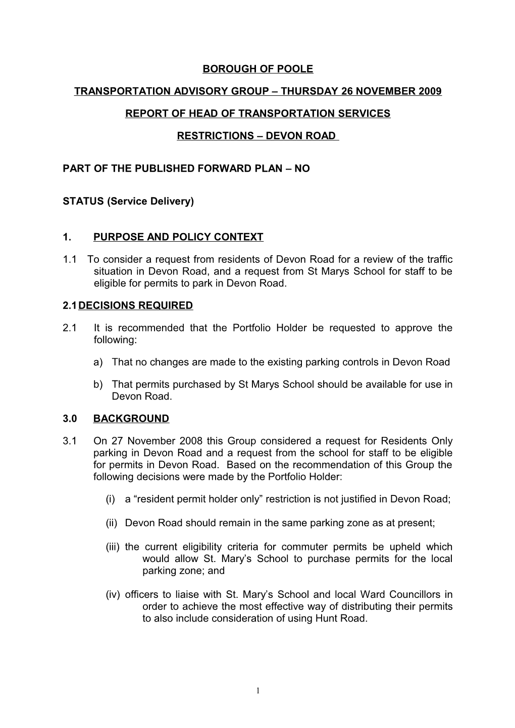 Parking Restrictions Devon Road