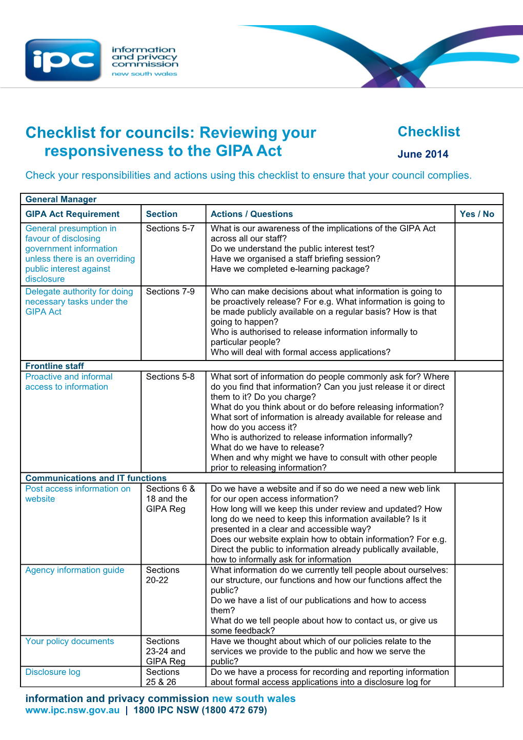 Checklist for Councils:Reviewing Your Responsiveness to the GIPA Act