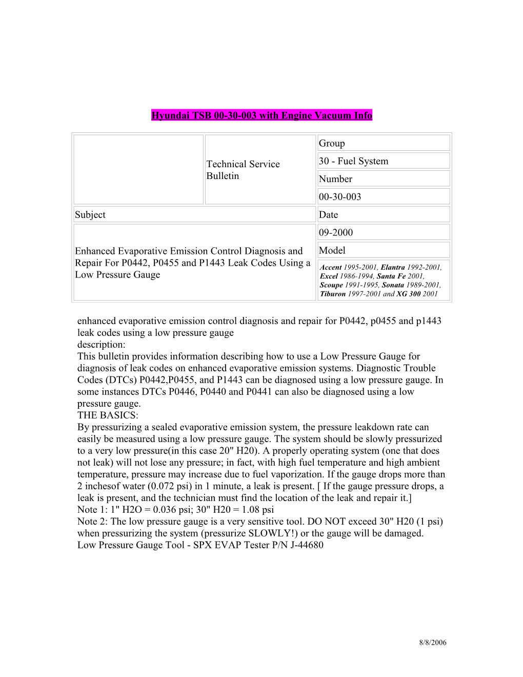 Hyundai TSB 00-30-003 with Engine Vacuum Info