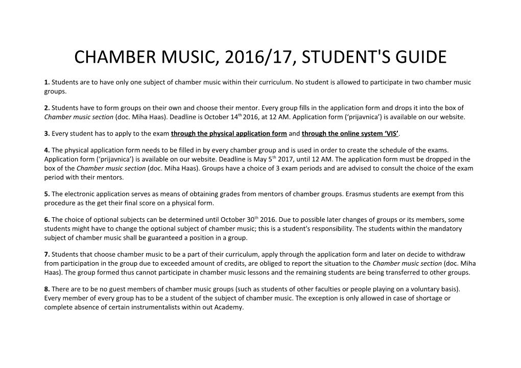Chamber Music, 2016/17, Student's Guide